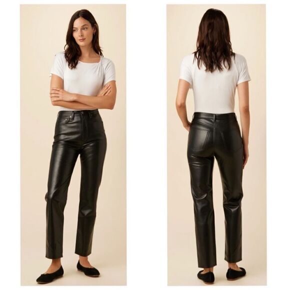 Agolde 90’s Leather Pinch Waist Black Pants Recycled Straight Leg Size 24 - Picture 3 of 13